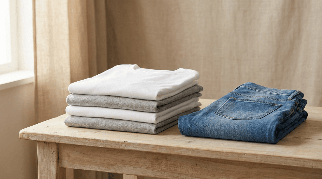 Garments — folded t-shirts and denim jeans on table