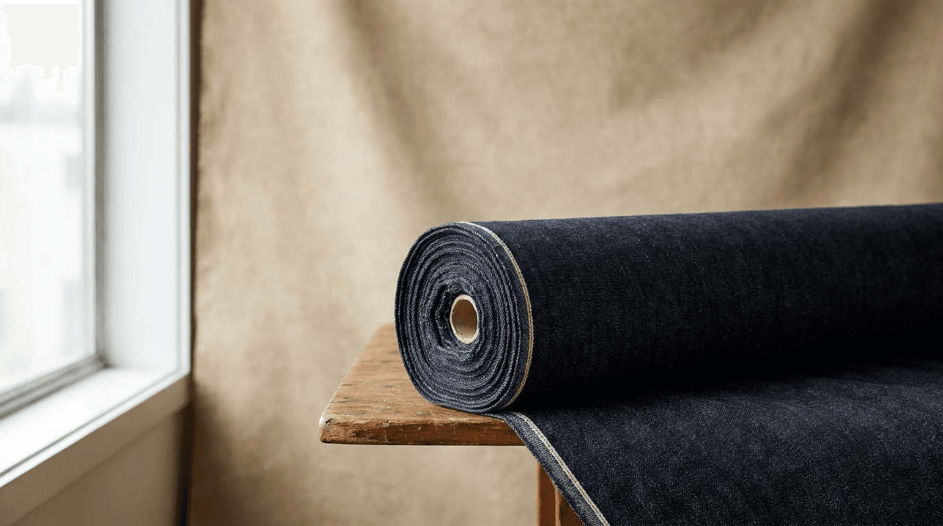 Blue denim twill weave fabric closeup