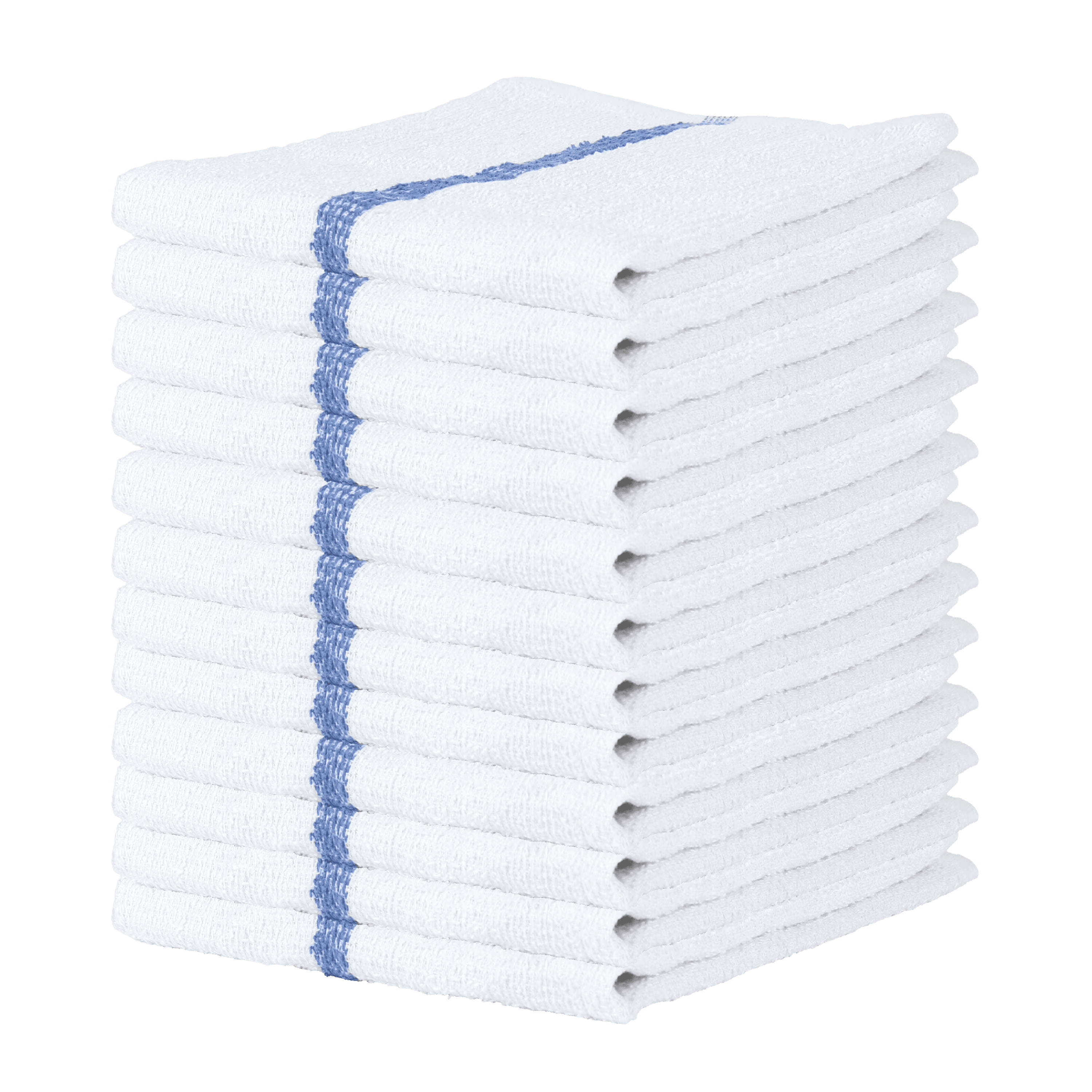 White ribbed bar mops with blue center stripe