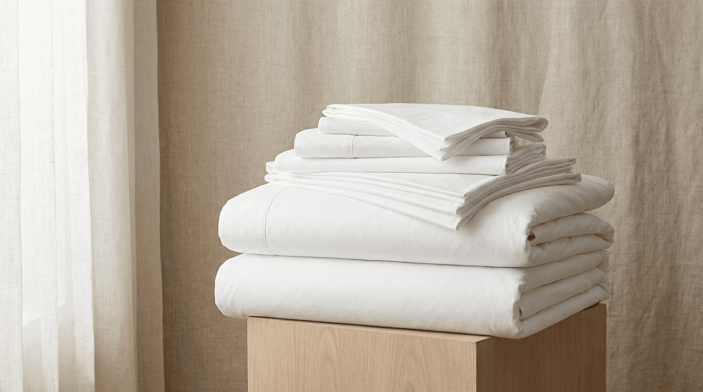 Hotel bedding — stacked white folded sheets